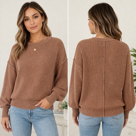 aerie Tops - Aerie Ribbed Knit Sweater Balloon Sleeve CrewNeck Brown Cozy Casual Lounge Top M